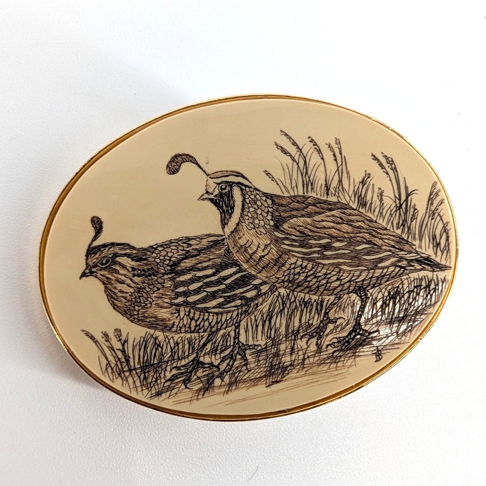 Barlow Designs Scrimshaw Quail Belt Buckle Gold Tone Wildlife Art Vintage Boxed